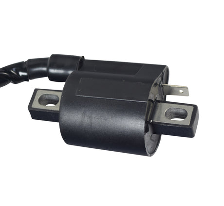 125cc, 150cc, & 250cc Ignition Coil with Spark Plug Wire and Angled Connector for ATVs, dirt bikes, and scooters, featuring a black electrical device with an attached wire and visible metal components.