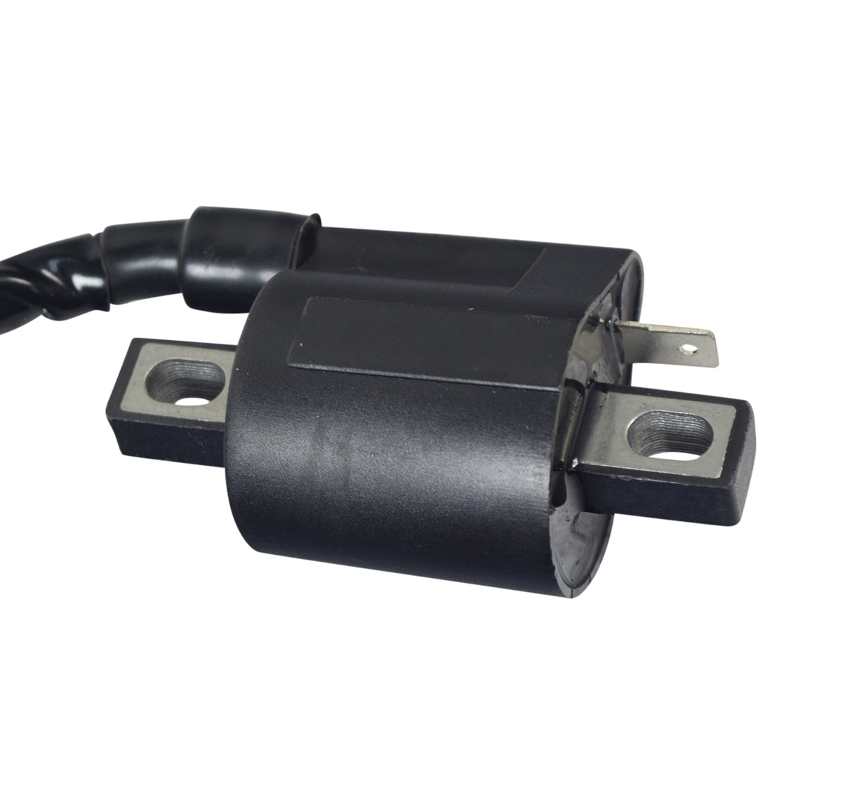 150cc Go-Kart Ignition Coil with Spark Plug Wire and Angled Connector, featuring a black wire and connector. Suitable for Baja Dune and Reaction 150cc go-karts, with a 9.5 coil wire length.