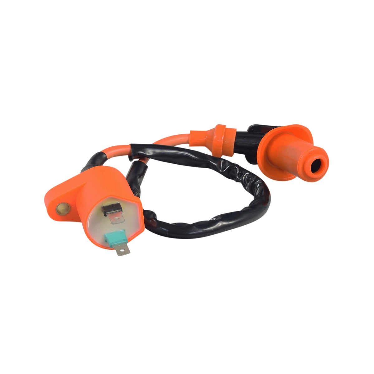 High Output Racing Performance Ignition Coil for 150cc 4-Stroke GY6 Go-Kart & Scooter Engines; features an orange and black wire with 1/4 terminals and a 14 cord, designed for enhanced power.