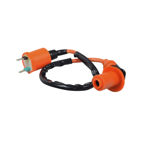 High Output Racing Performance Ignition Coil for 150cc 4-Stroke GY6 Go-Kart & Scooter Engines, featuring a robust black and orange cable with two 1/4 terminals and a 14 cord for enhanced power.