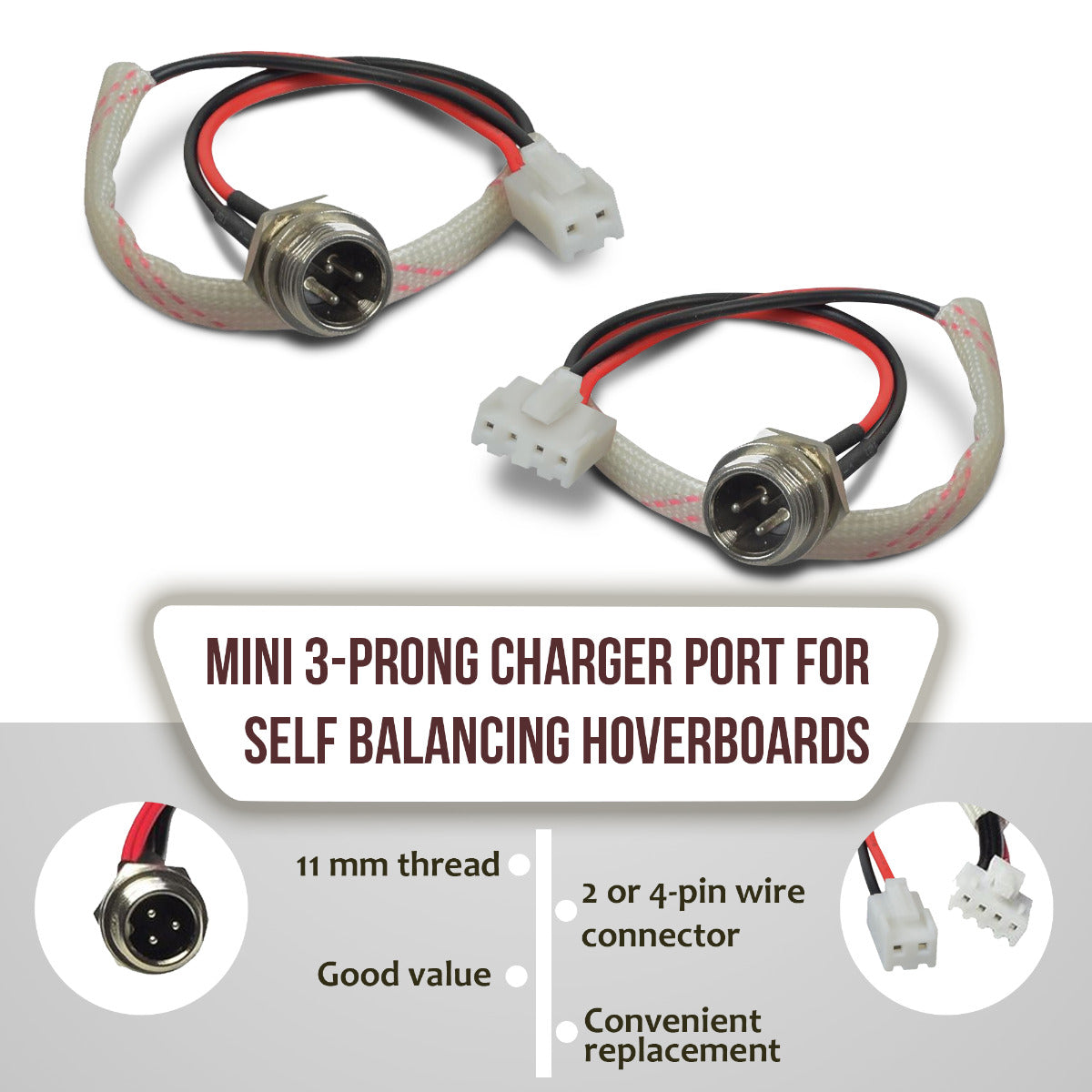 Close-up of the Mini 3-Prong Charger Port for Self Balancing Hoverboards, highlighting the specialized plug and cable designed to connect Li-ion battery chargers, preventing the use of incompatible SLA chargers.