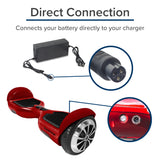 Mini 3-Prong Charger Port for the Coolreall Dreamwalker Hoverboard shown with a red hoverboard, battery charger, power cord, and close-up of wheels.