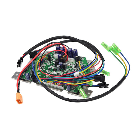 Main Circuit Board Controller for Self Balancing Hoverboards featuring a complex array of wires, green plastic connectors, and an orange rectangular component with metal ends. Ideal for hoverboard repairs and upgrades.