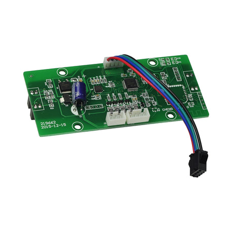 Motor Side Circuit Board Controller for the IO Hawk Hoverboard, featuring a green circuit board with various electronic components, including capacitors and a computer chip, along with attached black and red cables.