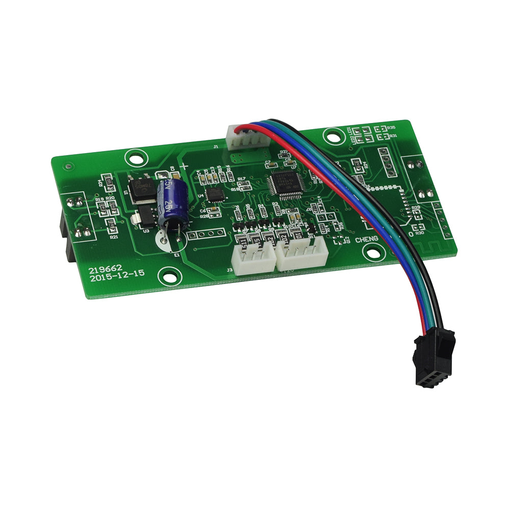 Motor Side Circuit Board Controller for the Powerboard by Hoverboard, featuring a green circuit board with various wires, capacitors, and a black and red cable, essential for self-balancing functionality.