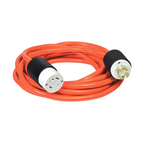 25 ft. Generator Extension Cord with NEMA L14-30 Twist Lock Connectors featuring a robust design, black knobs, and a white plug for secure power transfer from the generator to your desired location.