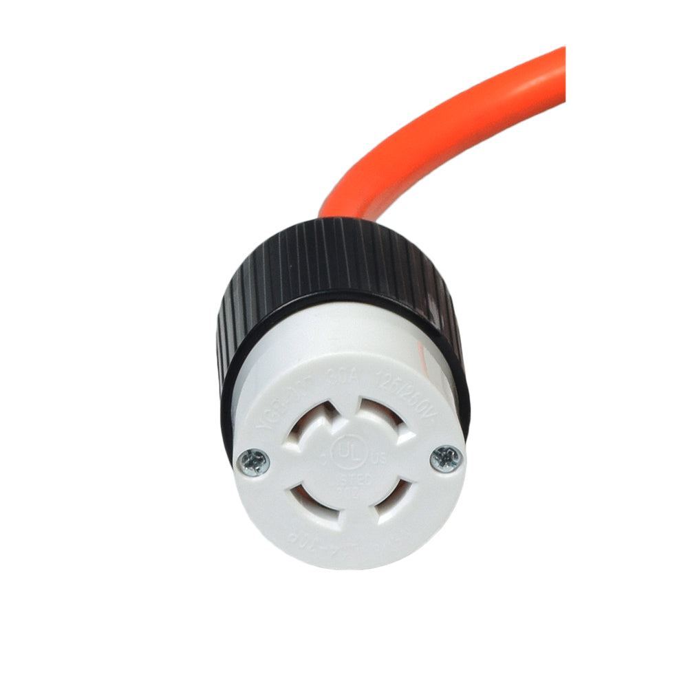 25 ft. Generator Extension Cord with NEMA L14-30 Twist Lock Connectors, featuring a close-up of the secure twist lock plug and durable abrasion-resistant covering, designed for heavy-duty power connections from generators.