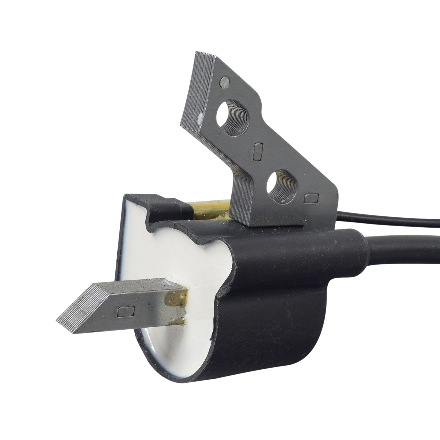 79cc Ignition Coil for Coleman CK100 & SK100 Go-Karts, featuring a metal piece with holes and a detachable black wire. Suitable for 79cc to 98cc horizontal shaft engines.