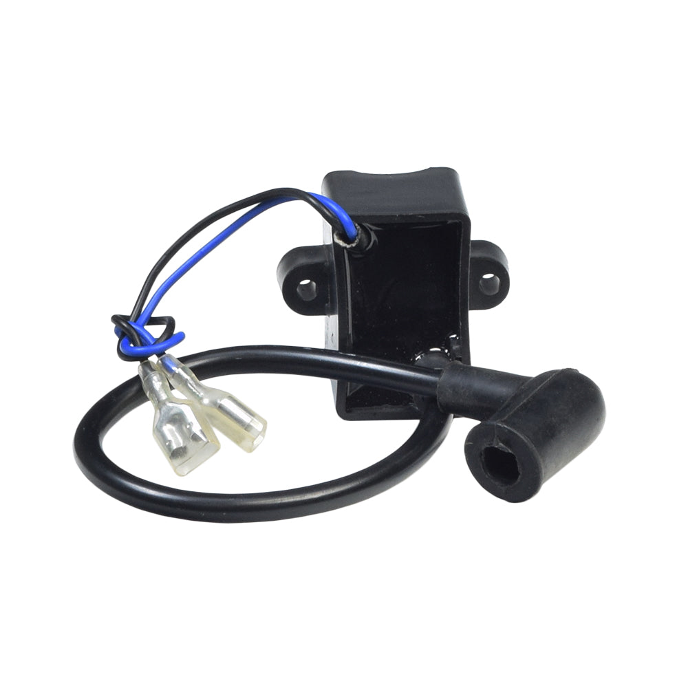 CDI Ignition Coil with Hardware for 50cc, 66cc, & 80cc Motorized Bike Engines, featuring a black electrical device with blue wires, bracket, two nuts, and two bolts for enhanced electrical performance.