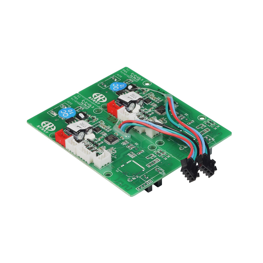 Motor Main & Side Circuit Board Controller Set for Self Balancing Hoverboards, featuring green circuit boards with visible wires and electronic components, including labels and logos.