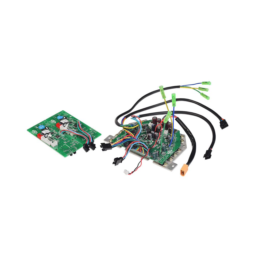 Motor Main & Side Circuit Board Controller Set for Self Balancing Hoverboards, showing a close-up of intricate electronic components and wiring on a green circuit board.