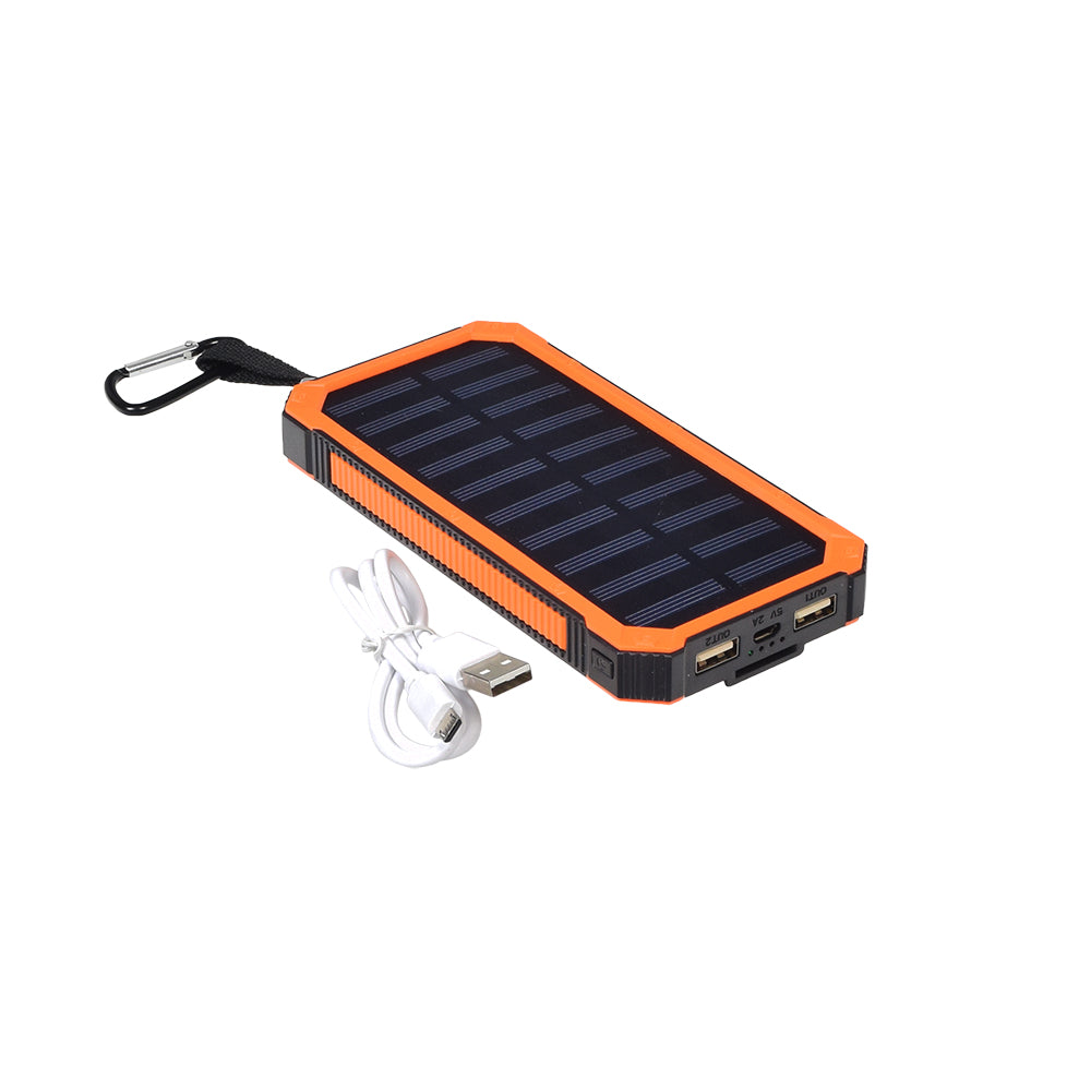 Portable Dual USB Battery Power Bank/Charger with solar panel, USB ports, and a white charging cable, paired with a black universal grip holder for mounting on bikes or scooters.