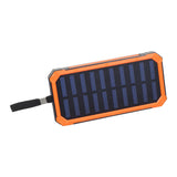 Portable Dual USB Battery Power Bank/Charger shown with solar panel and attached cord, highlighting its dual charging capability and portable design for convenient use on the go.