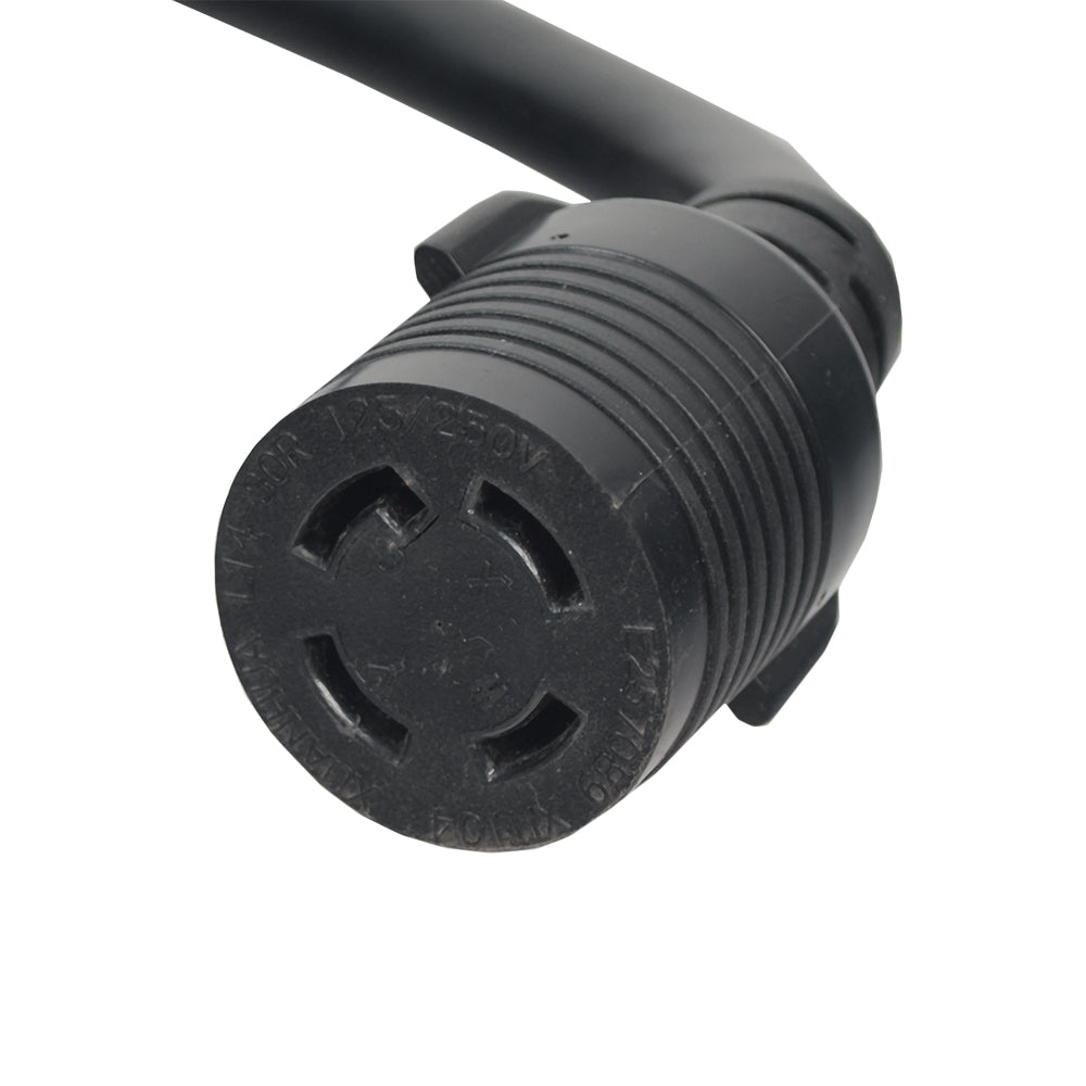 Close-up of the 25 ft. Generator Extension Cord with Molded Weather Resistant NEMA L14-30 Twist Lock Connectors, highlighting the sturdy black plug with a secure twist lock mechanism.