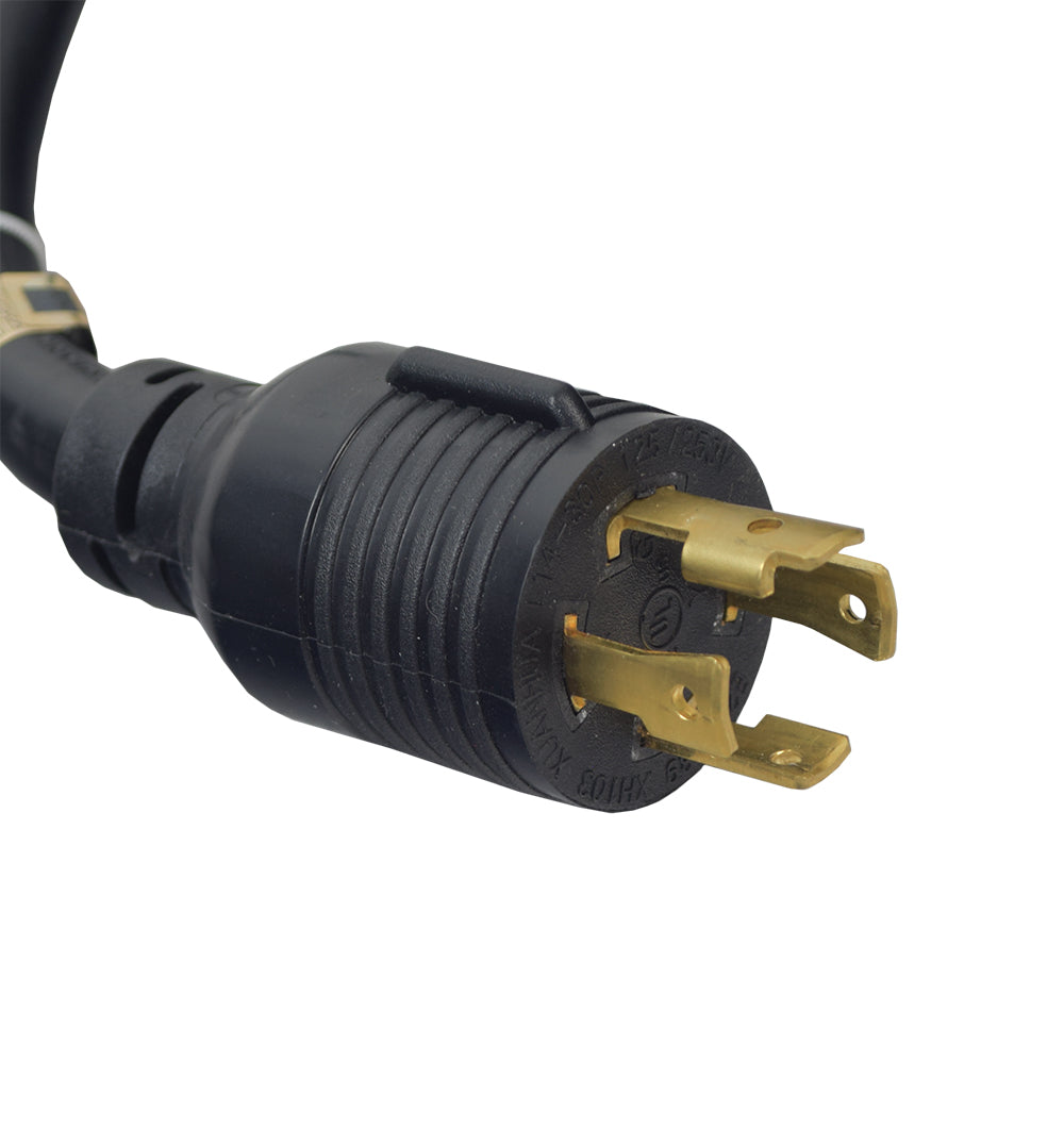 25 ft. Generator Extension Cord with Molded Weather Resistant NEMA L14-30 Twist Lock Connectors (30 Amp 10 Gauge) featuring black cable and secure gold plugs for reliable power transfer.