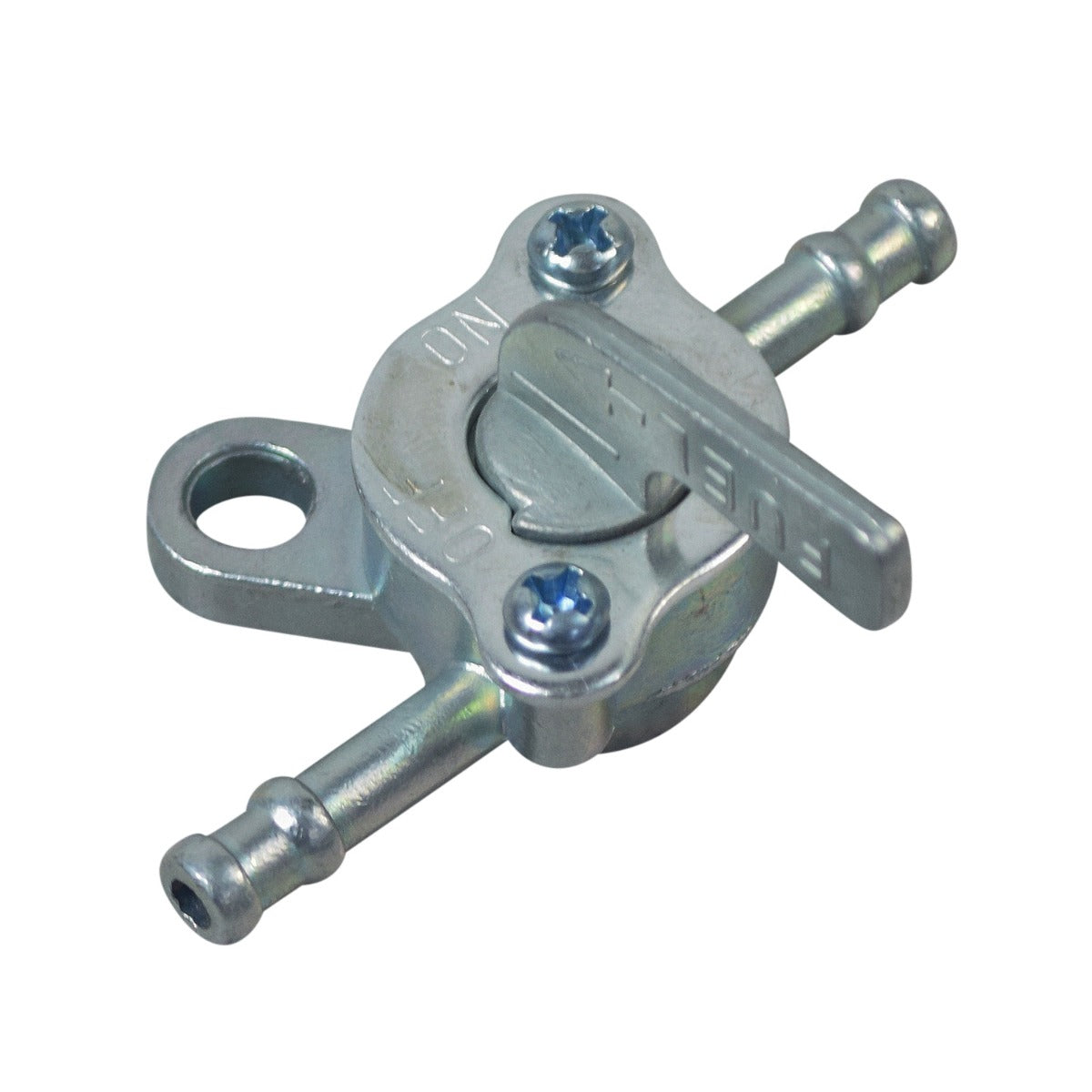 Inline Fuel Valve Petcock for 50cc, 70cc, 90cc, 110cc, 125cc, & 150cc ATVs & Dirt Bikes, featuring a metal tool with visible screws and a close-up of a metal nut and bolt.