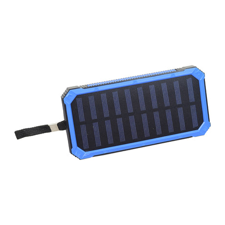 Portable Dual USB Battery Power Bank/Charger & Universal Grip Holder set featuring a rectangular solar panel and a black strap, designed for convenient device charging and secure mounting on bikes or scooters.