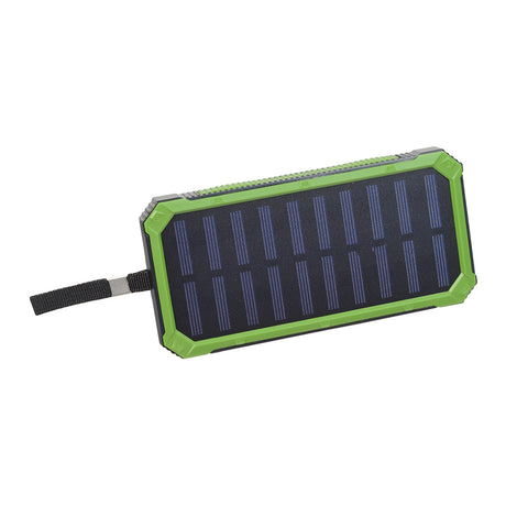 Portable Dual USB Battery Power Bank/Charger & Universal Grip Holder showing a solar panel with a strap and cord, designed for recharging mobile devices and mounting on bikes or scooters.