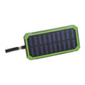 Portable Dual USB Battery Power Bank/Charger & Universal Grip Holder showing a solar panel with a strap and cord, designed for recharging mobile devices and mounting on bikes or scooters.