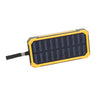 Portable Dual USB Battery Power Bank/Charger with visible solar panel and attached cord for auxiliary solar recharge, designed to charge two devices simultaneously.