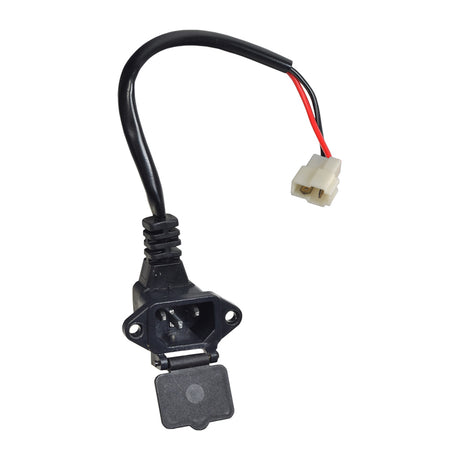 Shrouded 3-Pin Charging Port for the Monster Moto / Mega Moto Classic 1000w Mini Bike, featuring a black electrical plug with red and white wires, and complete with harness and connector.