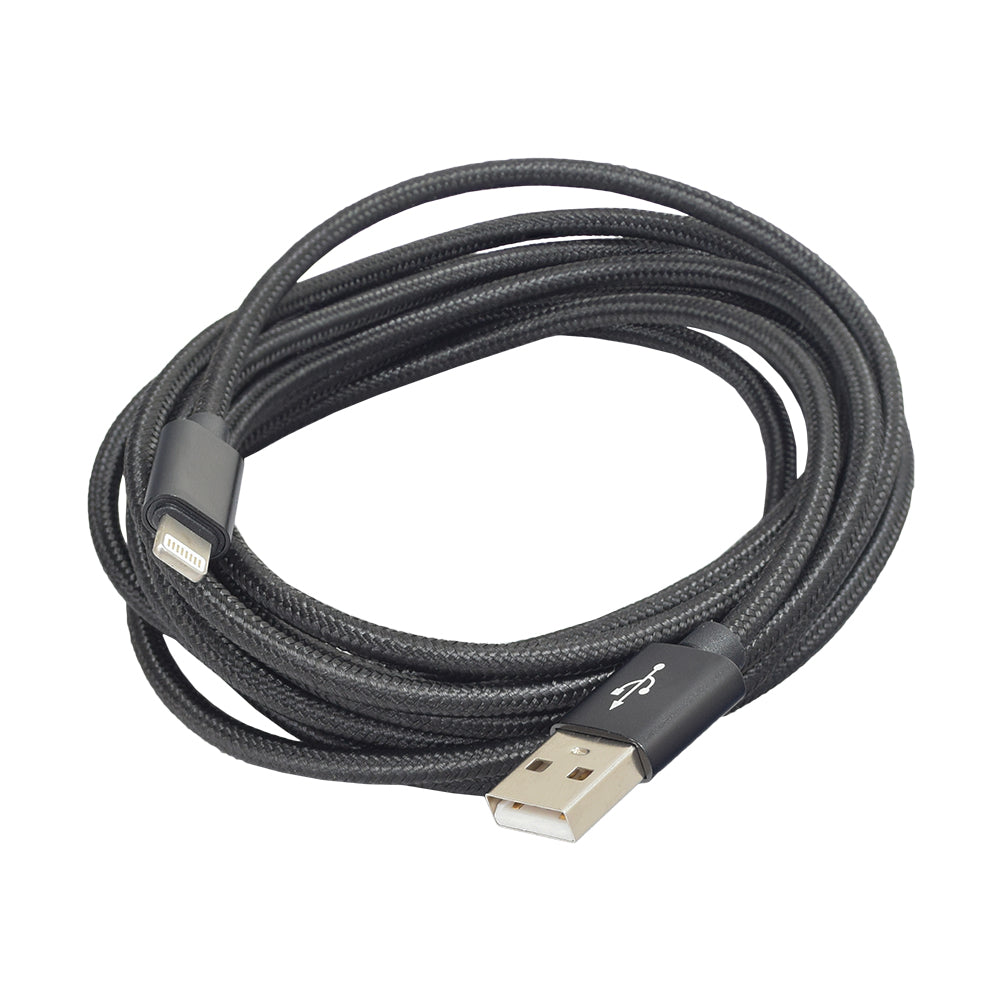 Black 3-Meter Braided USB Lightning Cable for iPhones & iPads, featuring a durable, tangle-resistant design with a white USB connector. Perfect for extended reach across workspaces or vehicles.