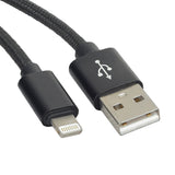 Close-up of the Black 3-Meter Braided USB Lightning Cable for iPhones & iPads, showcasing its durable, tangle-resistant braided design and USB connector end.