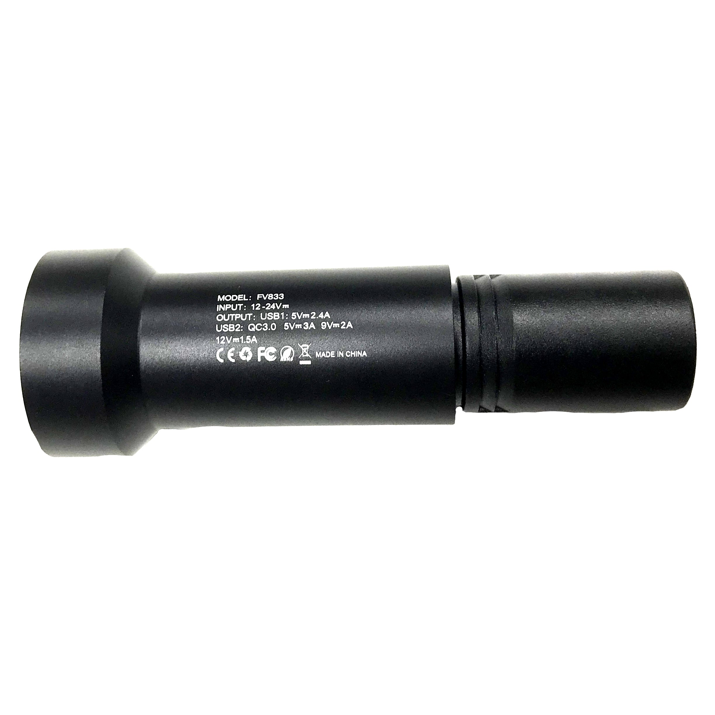 XLR Dual Port USB Charging Adapter with Digital Voltage Meter for Electric Bikes, shown as a black cylindrical device with white text, featuring two USB ports and a digital display.