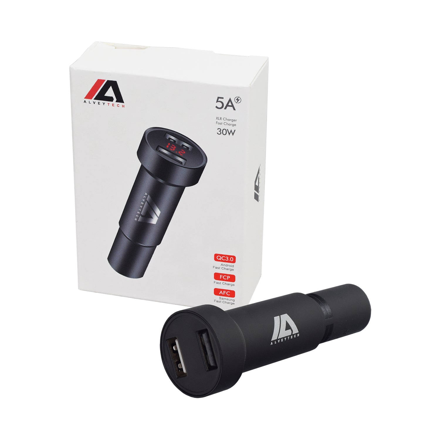 XLR Dual Port USB Charging Adapter with Digital Voltage Meter for Electric Bikes, featuring two USB ports and a digital display, shown inside its packaging with visible ports and logo close-ups.