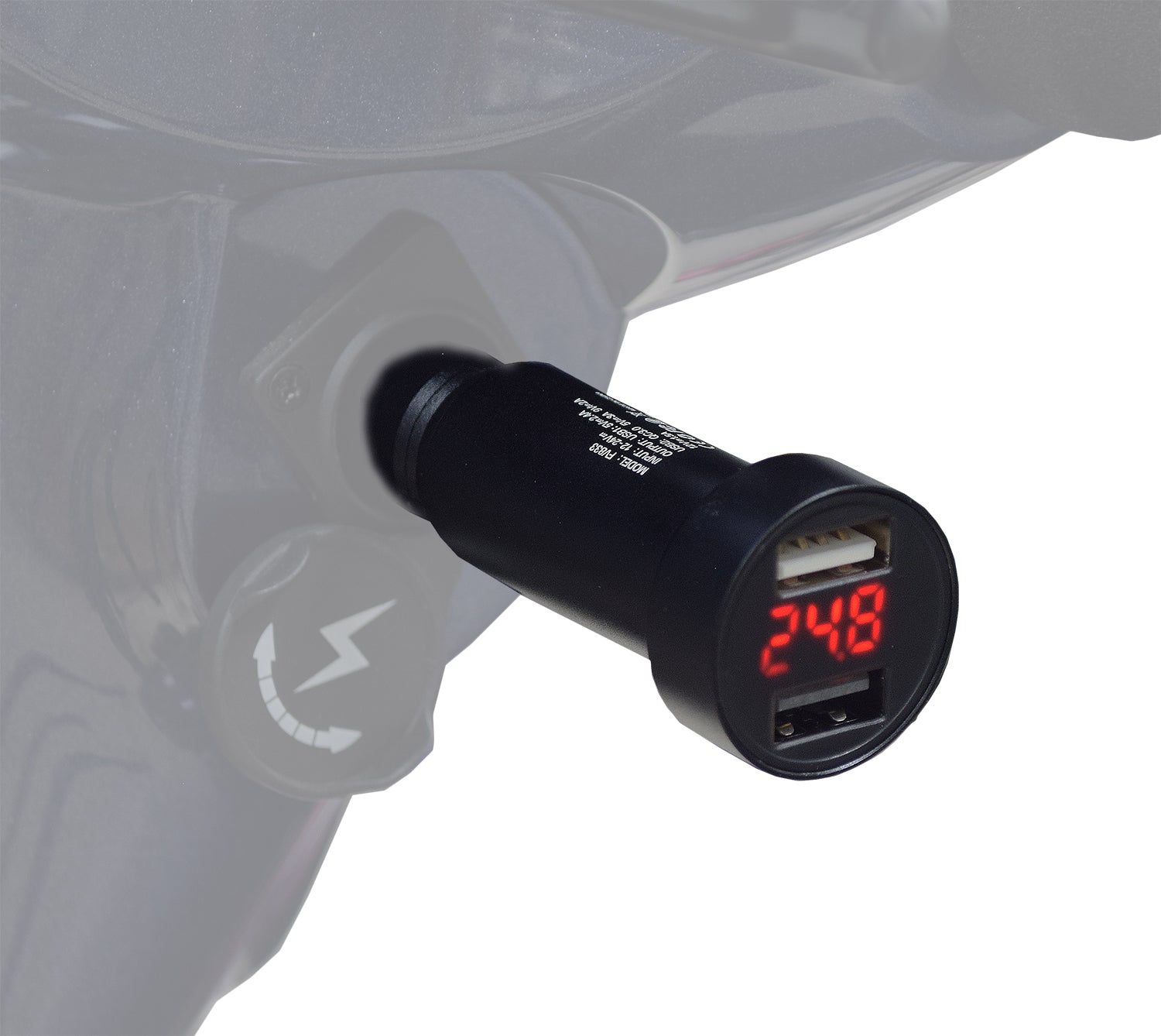 XLR Dual Port USB Charging Adapter with Digital Voltage Meter for Scooters & Power Chairs, featuring two illuminated USB ports and a red digital display for monitoring battery charge levels.