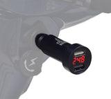 XLR Dual Port USB Charging Adapter with Digital Voltage Meter for Electric Bikes, featuring a black device with a red digital display, two USB ports, and an integrated voltage meter for monitoring battery levels.