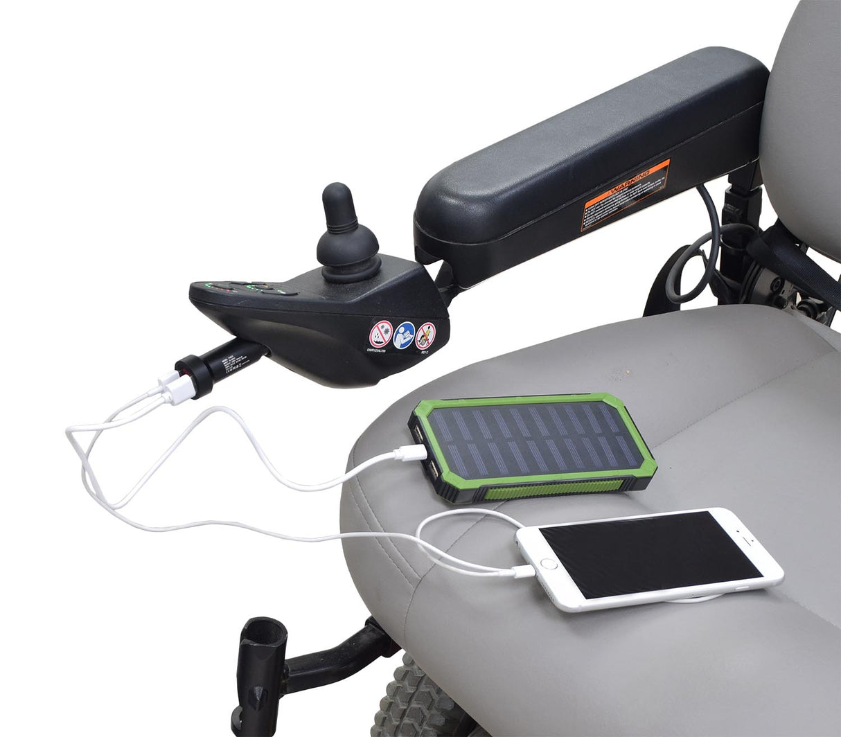 XLR Dual Port USB Charging Adapter with Digital Voltage Meter for Scooters & Power Chairs, shown attached to a wheelchair with a phone and power cord connected.