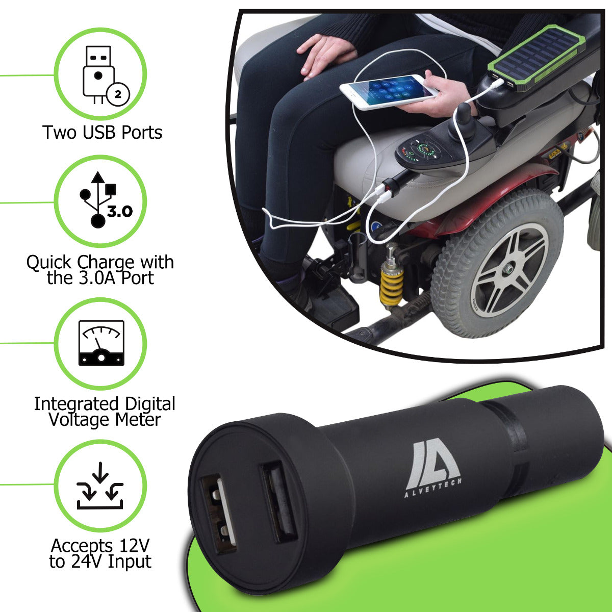 XLR Dual Port USB Charging Adapter with Digital Voltage Meter for Scooters & Power Chairs, featuring two USB ports and a digital display, shown close-up in a person’s hand.