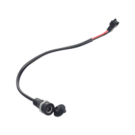 Coaxial Charger Port with Harness for the Swagtron EB5 Folding Electric Bike, featuring a black cable with red and black wires, an 8 wiring harness, and a protective rubber cap for the port.