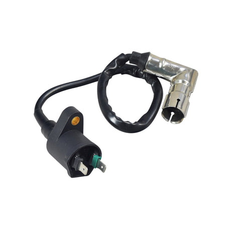 Ignition Coil for the TaoTao ATK125A Go-Kart featuring a 90° metal cap and black cable with metal connectors, designed for seamless integration with the CDI module.