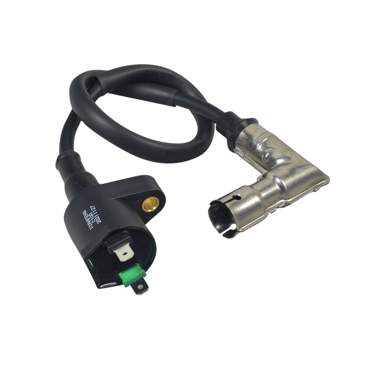 Ignition Coil for Coleman AT125-EX & AT125-UT ATVs, showcasing a black flexible tube with a 90° metal cap and two terminals for neutral and CDI input.