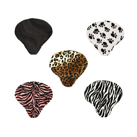 Faux Fur Cruiser Saddle Seat Cover for Bikes & Scooters featuring diverse patterns like leopard, zebra, and paw prints, shown fitted on various bike seats for a stylish, comfortable ride.