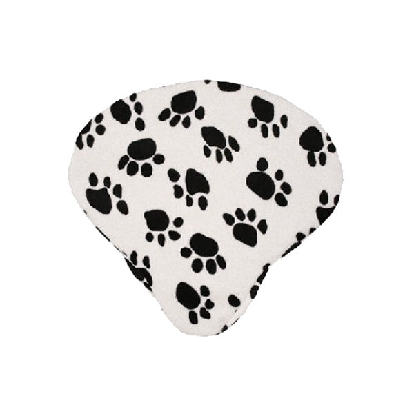 Faux Fur Cruiser Saddle Seat Cover for Bikes & Scooters featuring a white and black paw print design, offering plush comfort and easy attachment with a drawstring for standard cruiser and comfort bike seats.