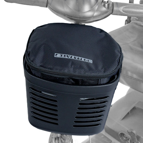 Insulated Front Basket Bag for Mobility Scooters attached to a handlebar, featuring a zippered main compartment and visible logo.