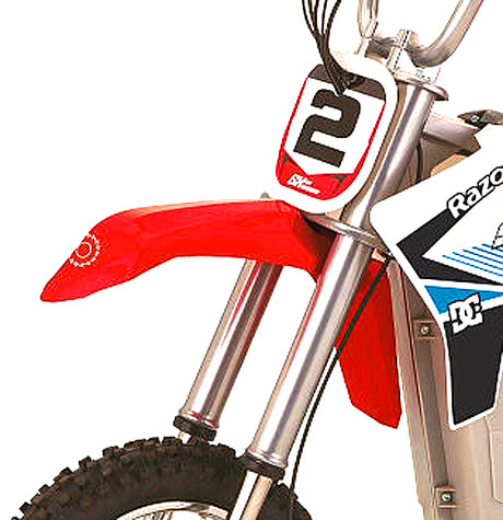 Red Front Fender for the Razor SX500 McGrath Dirt Rocket, shown in a close-up, highlighting the fender's detailed design and sturdy build, ideal for replacing worn-out parts on your dirt bike.