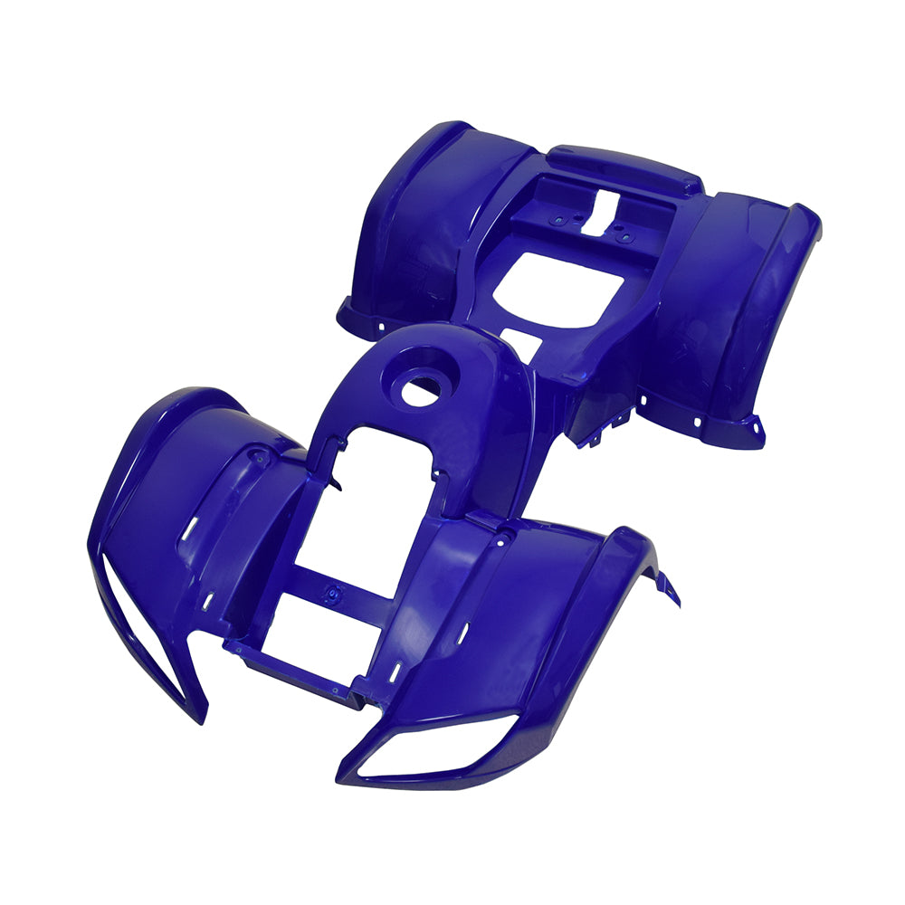 Fender Set for 90cc, 110cc, & 125cc ATVs, featuring a blue plastic piece with mounting holes, designed for dual headlight models like Baja Canyon 90-U and Coolster.