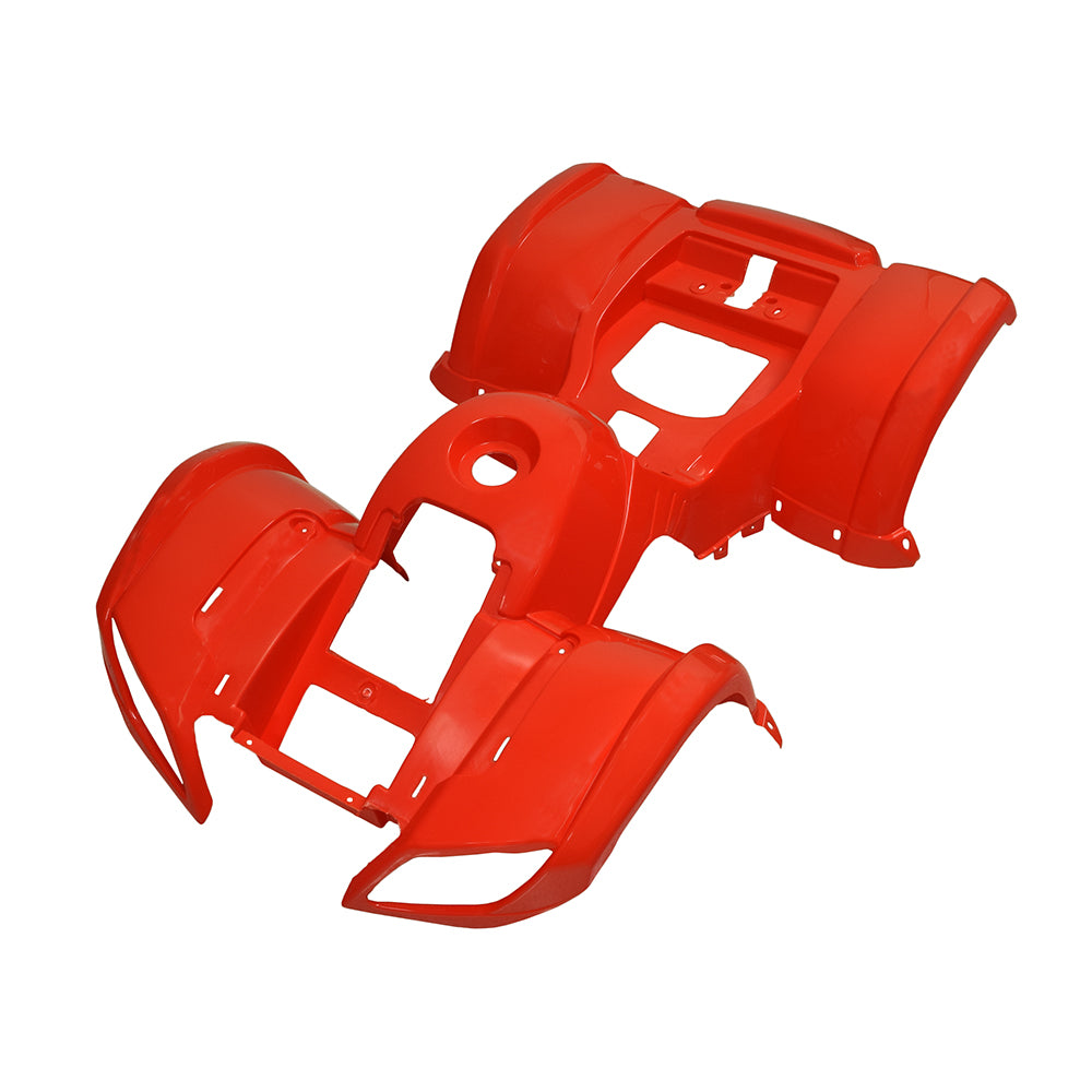 Fender Set for 90cc, 110cc, & 125cc ATVs, featuring red plastic panels with multiple holes, suitable for Baja Canyon, Wilderness Trail, Coolster, and Tao Tao models.