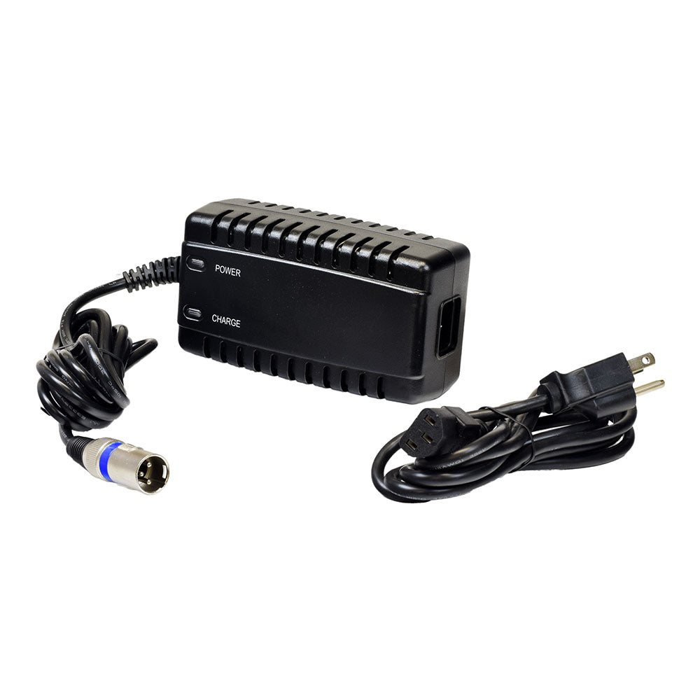 24 Volt 3.5 Amp XLR Battery Charger for the Jazzy Sport Portable, showing a black power cord connected to a compact power supply unit with visible LED indicators.