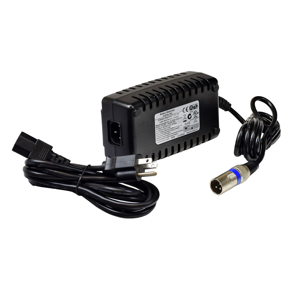 24 Volt 3.5 Amp XLR Battery Charger for Jazzy Air & Air 2 Power Chairs, shown as a close-up of the charger unit with attached cable and plug, designed for mobility devices.