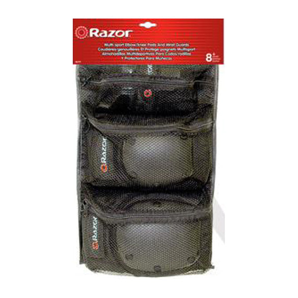 Youth (Ages 8+) Wrist Guard, Elbow & Knee Pad Set (Razor) with hard ABS plastic shields, featuring wrist guards, elbow pads, and knee pads, displayed in a close-up shot of the black protective gear.