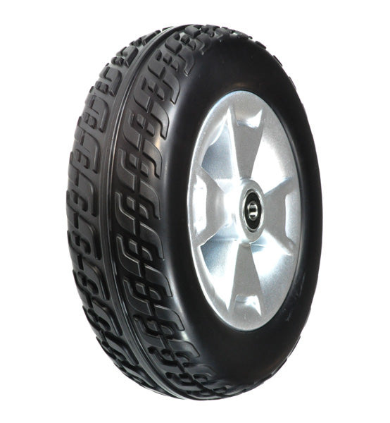 Front Wheel Assembly for the Pride Victory 9, Victory ES 9, & Go-Go Sport 3-Wheel Scooters (Used): A black tire with a silver rim, showing slight tread wear and minimal discoloration.