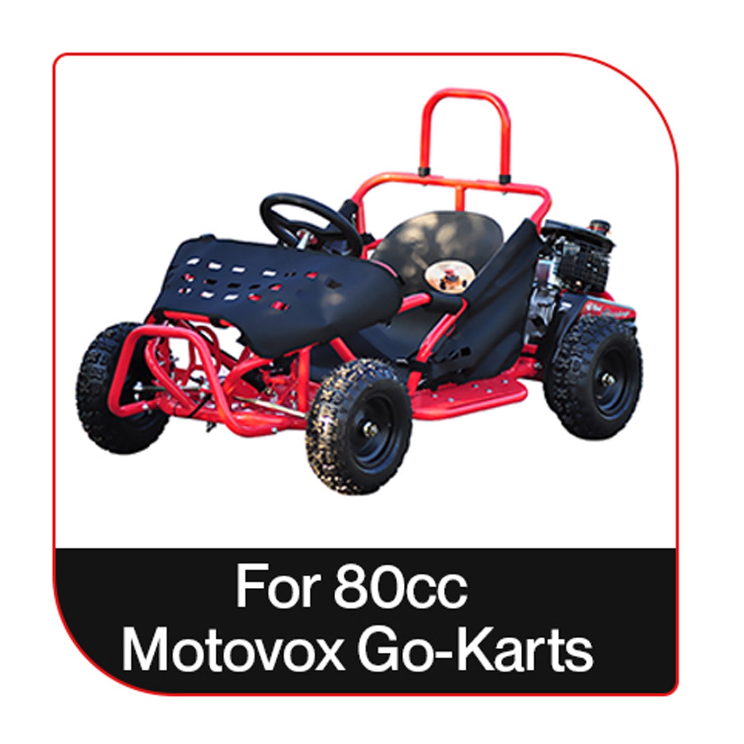 Clutch Assembly with Front Sprocket for Monster Moto / Mega Moto MM-K80 Go-Kart, featuring an 11-tooth #35 chain front sprocket, displayed alongside a red and black go-kart with visible tires and steering wheel.