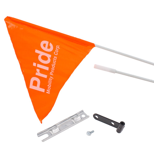 Flag Kit for Limited Recline Jazzy Power Chairs, featuring a triangular flag with screws and a mounting bracket, designed for easy installation on Jazzy and Jet power chairs.