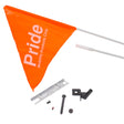 Flag Kit for Pride Legend SC3000/SC3400 mobility scooter, featuring a close-up of a triangular flag with two mounting screws and a weldment bracket for secure attachment.