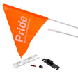 Flag Kit for Pride Mobility Scooters showing a triangle flag, black mounting bracket, and tightening clamp. The kit is designed to fit scooters with exposed seat brackets, enhancing visibility and safety.